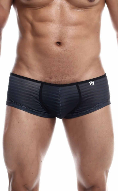 Black textured mob boyshort briefs with subtle striped pattern and black trim shown from the back side