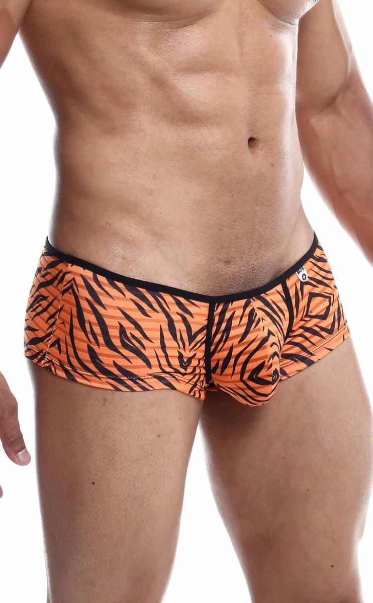 Orange and black tiger-striped mob boyshort men’s briefs with a snug fit and stretch fabric for comfort