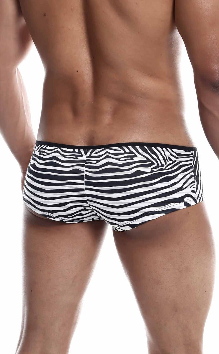 Black and white zebra-striped MOB boyshort men’s briefs with a snug fit and soft breathable fabric