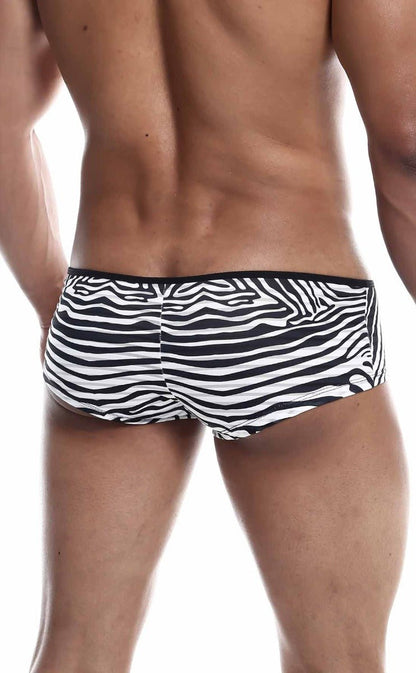 Black and white zebra-striped MOB boyshort men’s briefs with a snug fit and soft breathable fabric