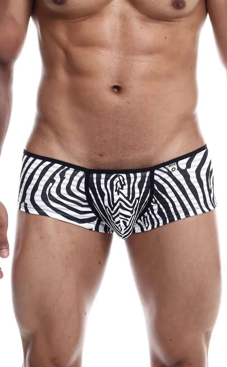 MOB boyshort black and white zebra-striped men’s briefs with a snug form-fitting design for comfortable wear
