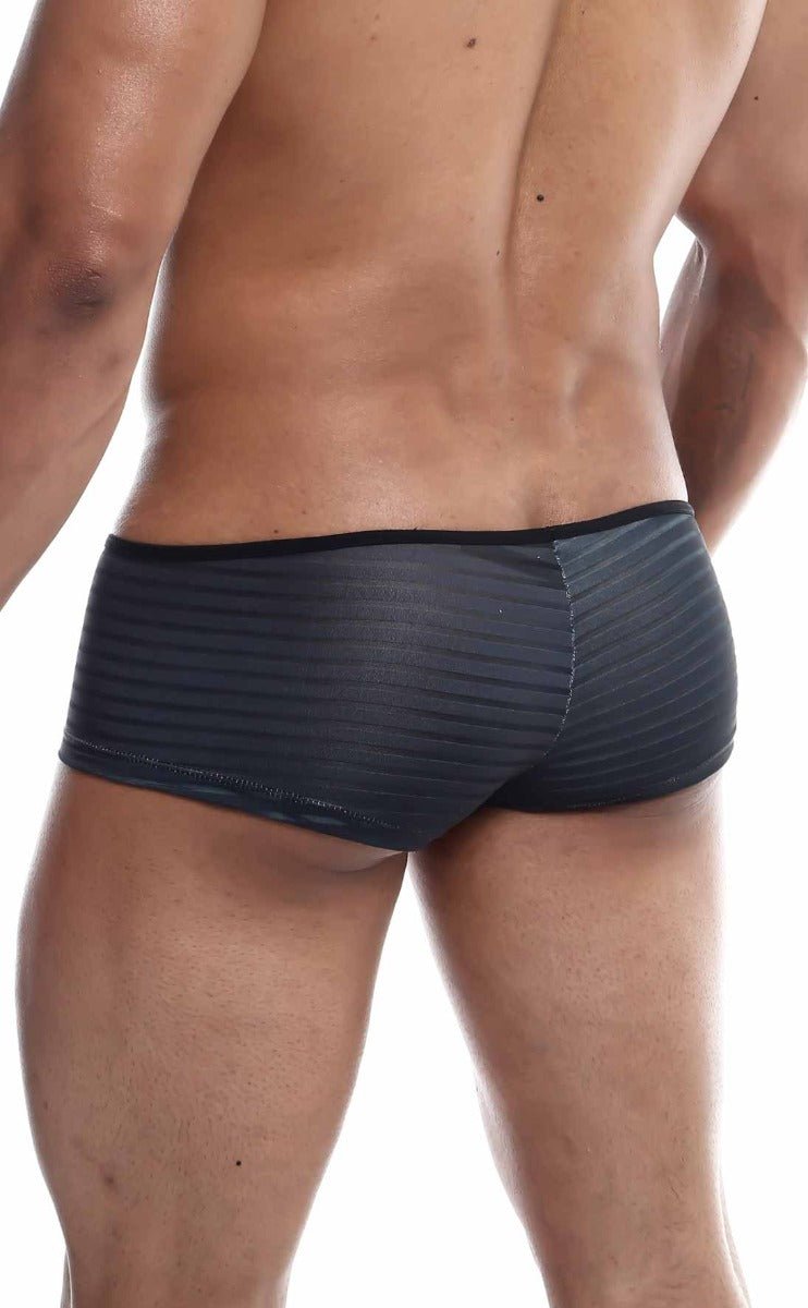 Black striped men’s mob boyshort briefs with subtle textured pattern and elastic waistband