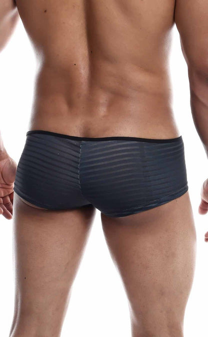 Dark gray ribbed textured men’s briefs mob boyshort with black elastic waistband front view