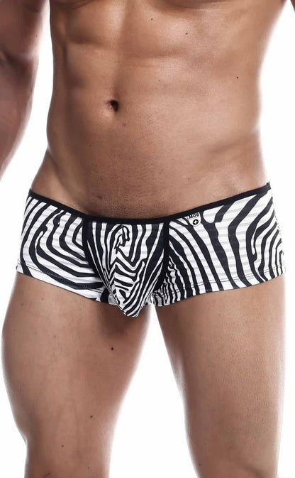 Black and white zebra-striped men’s briefs mob boyshort with a snug fit designed for comfortable everyday wear