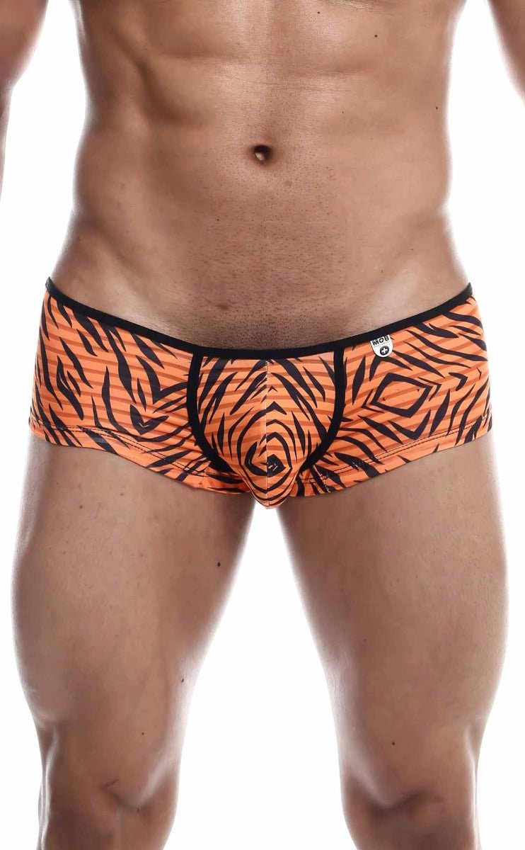 MOB Boyshort orange tiger print briefs with black trim and central seam for comfortable everyday wear