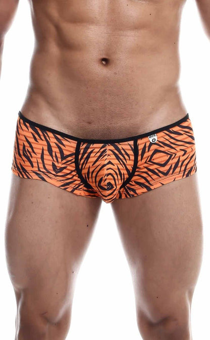 MOB Boyshort orange tiger print briefs with black trim and central seam for comfortable everyday wear