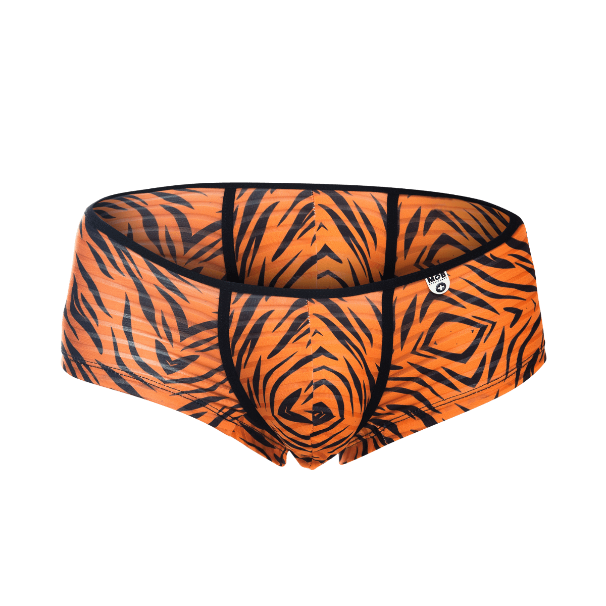 Orange tiger-print MOB boyshort briefs with black stripes and a snug, form-fitting design