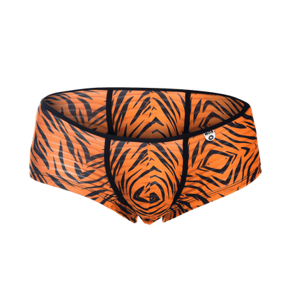 MOB boyshort orange tiger print briefs with black stripes and a snug form fitting design