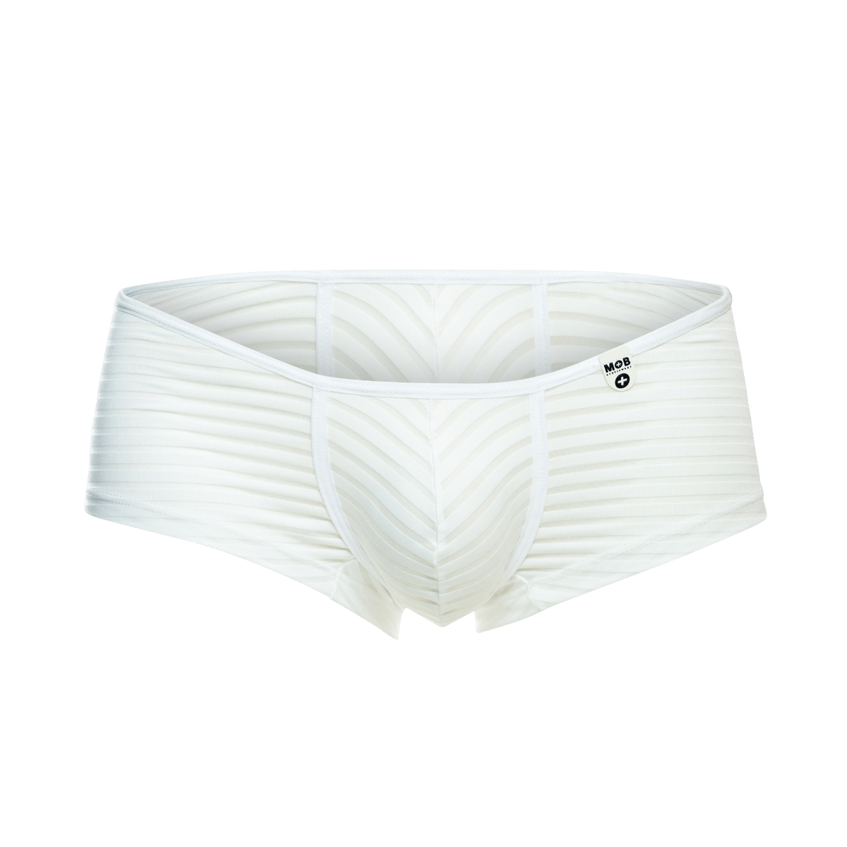 White mob boyshort briefs with ribbed texture and subtle chevron pattern featuring mob logo waistband
