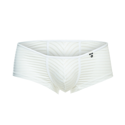 White mob boyshort briefs with ribbed texture and subtle chevron pattern featuring mob logo waistband