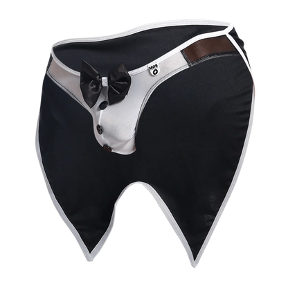 Mob buttler costume black and white tuxedo men’s underwear with satin bow tie button details and brown leather trim