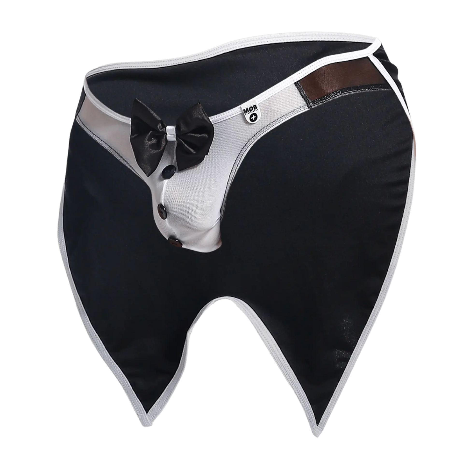 Black and white tuxedo-style men’s underwear with satin bow tie black buttons and brown leather trim mob buttler costume