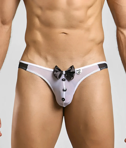 Gray sheer tuxedo-style thong with black bow and button details from mob buttler costume shown from the back side