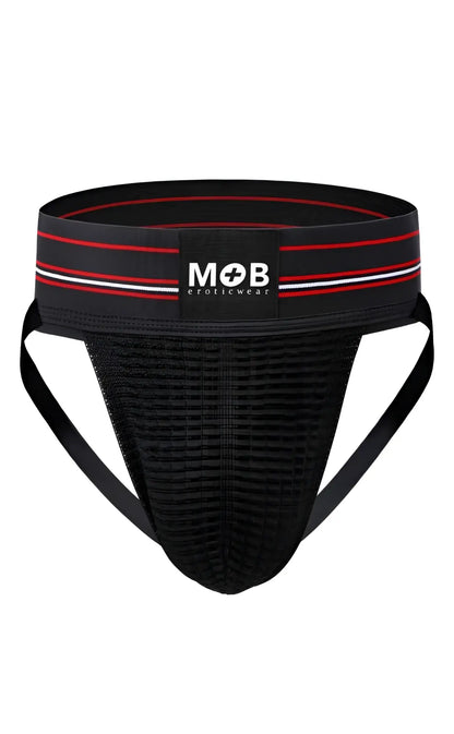 Black mesh athletic brief with red and white striped waistband featuring mob eroticwear logo for men 3 inch classic jockstrap