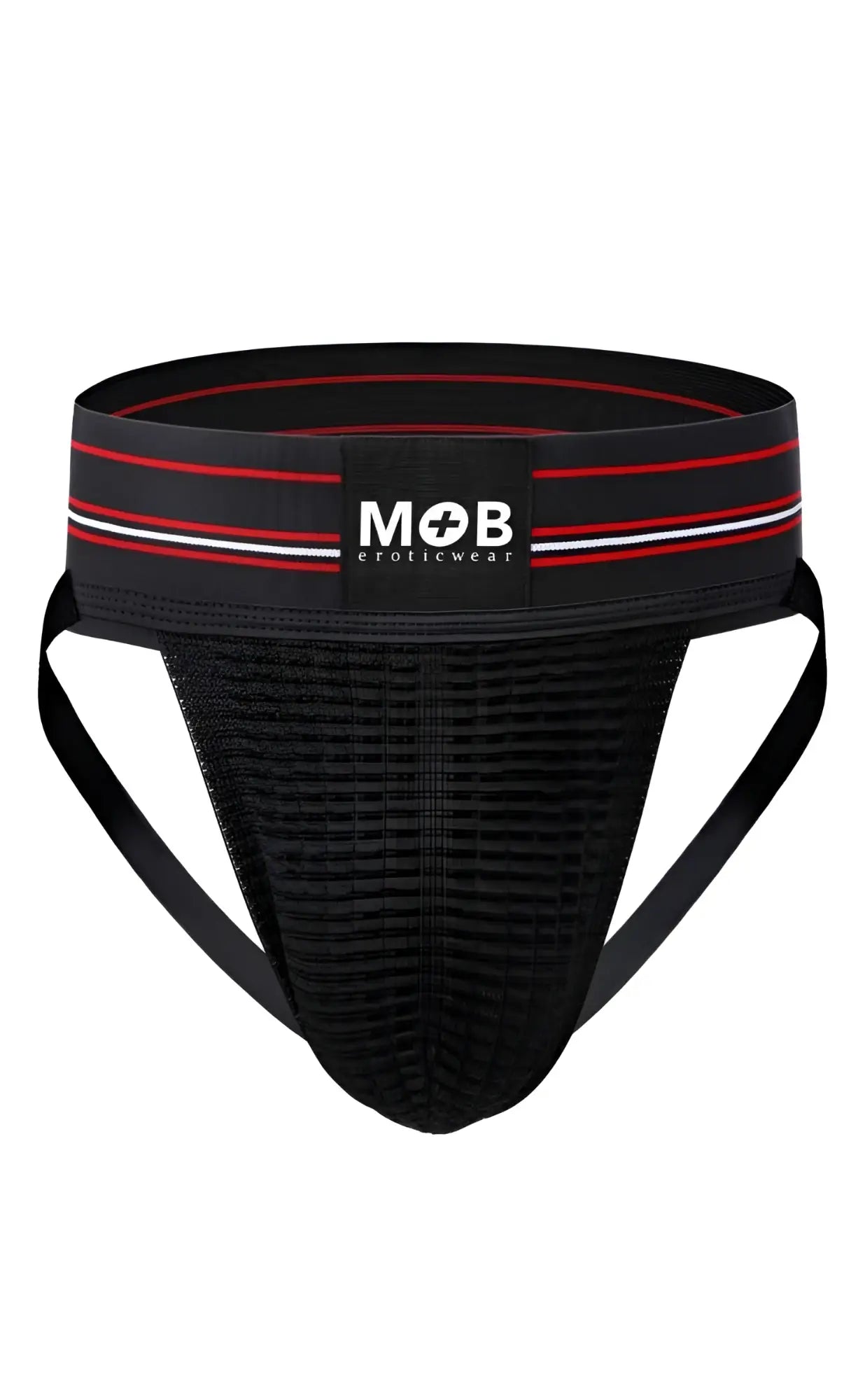 Black mesh athletic brief with red and white striped waistband featuring mob eroticwear logo men 3 inch wide classic jockstrap