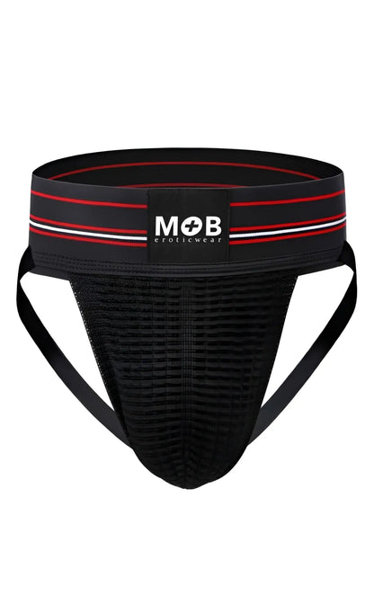 Men 3 inch wide classic jockstrap in black mesh with red and white striped waistband featuring mob eroticwear logo