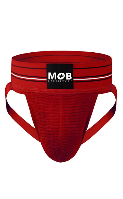 Men 3 inch wide classic jockstrap in red textured fabric with black waistband featuring mob eroticwear logo