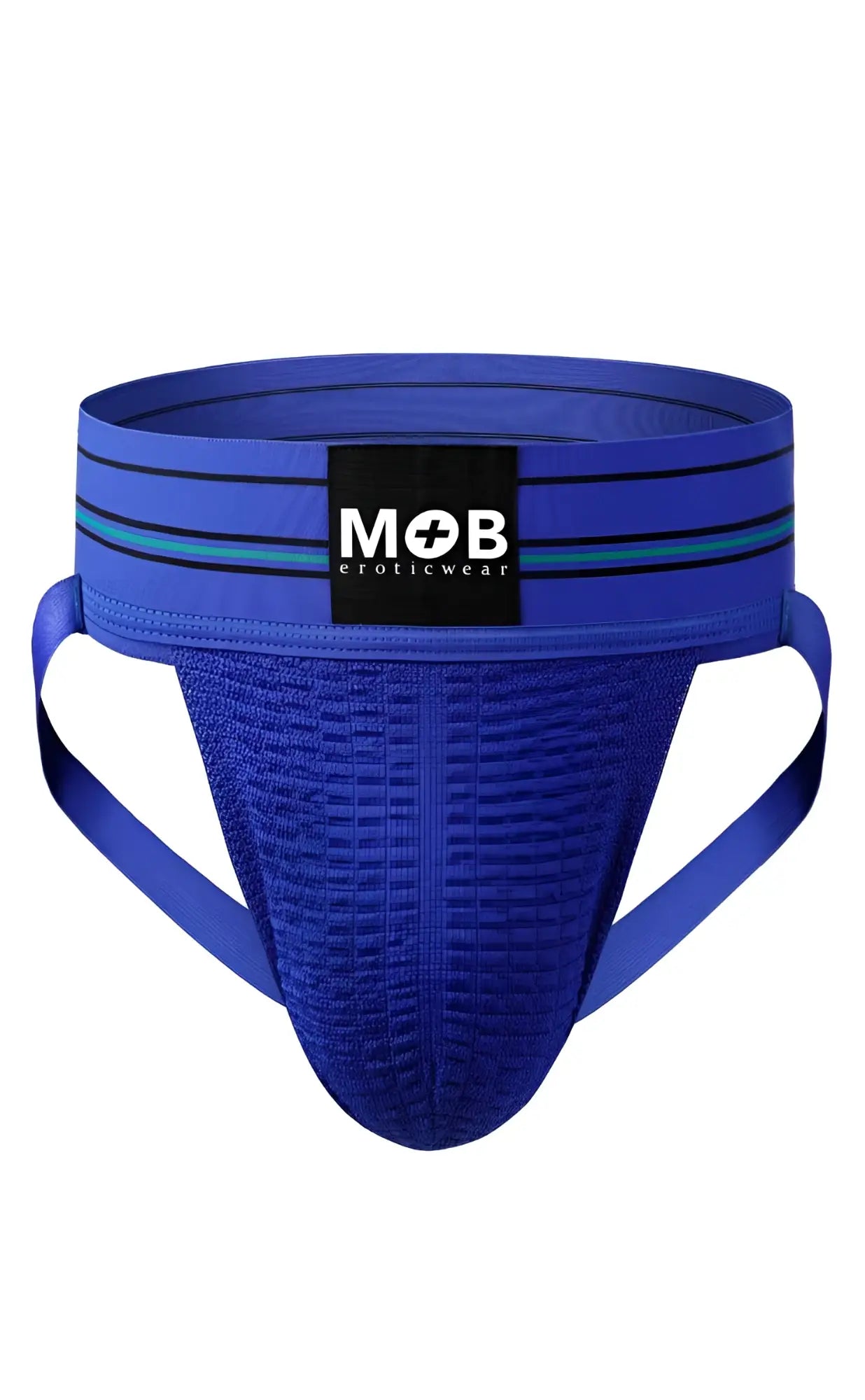 Blue textured athletic brief with black and teal striped waistband and mob eroticwear label for men 3 inch wide jockstrap