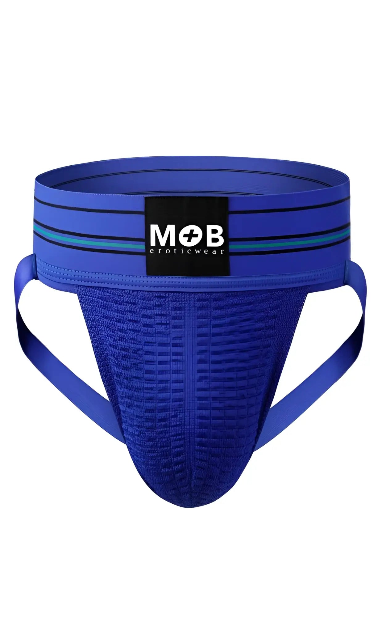 Men 3 inch wide classic jockstrap in blue textured fabric with mob eroticwear logo and teal striped waistband