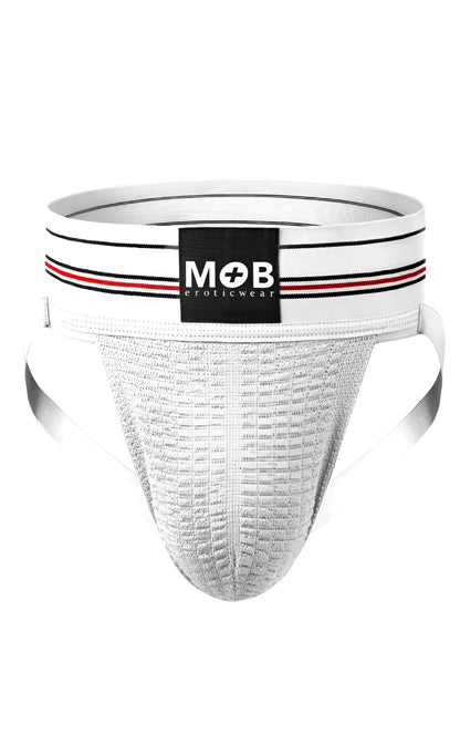 White athletic brief jockstrap with 3 inch wide black and red striped waistband and mob eroticwear logo patch