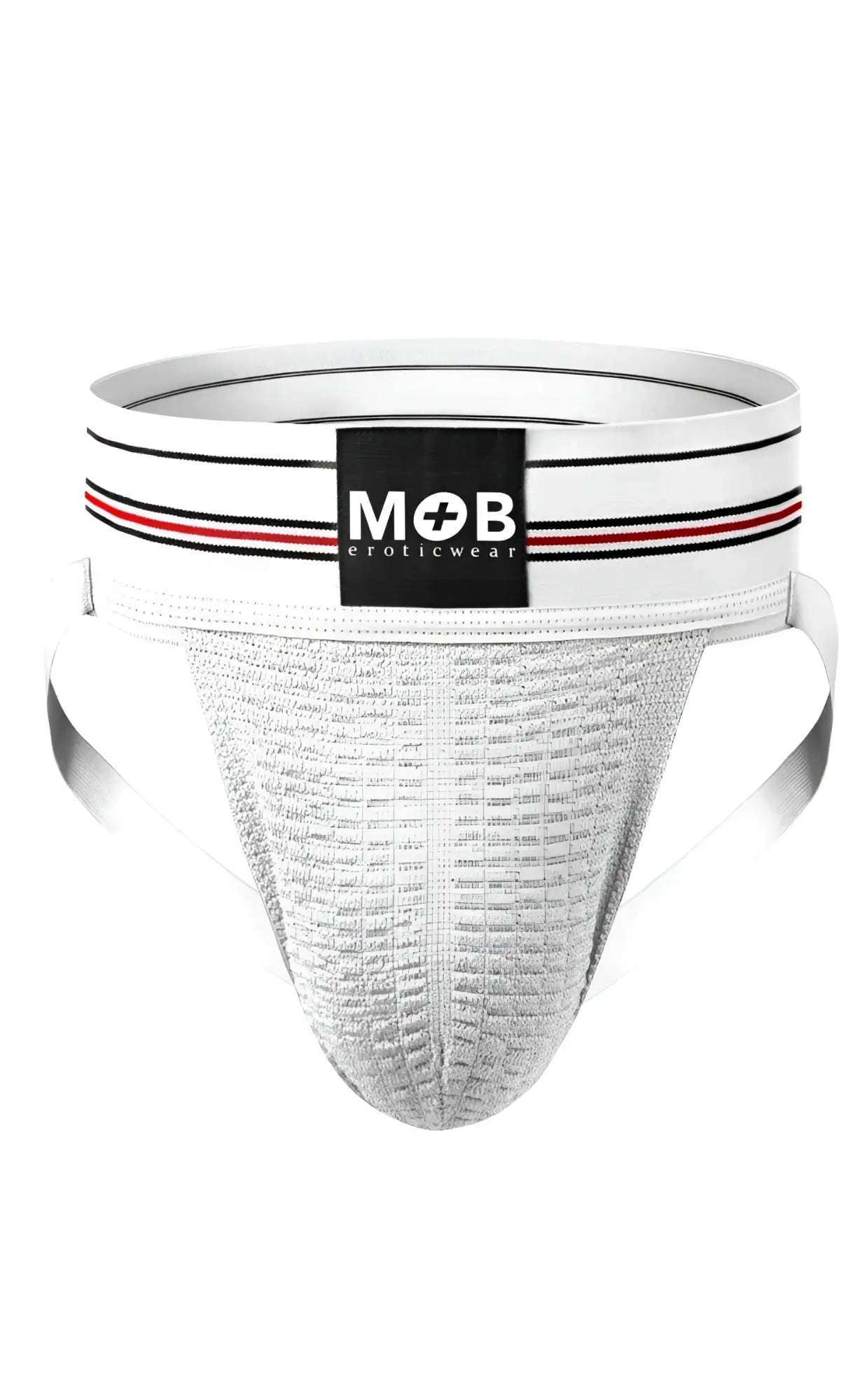 Men 3 inch wide classic white jockstrap with black and red striped waistband and mob eroticwear logo patch