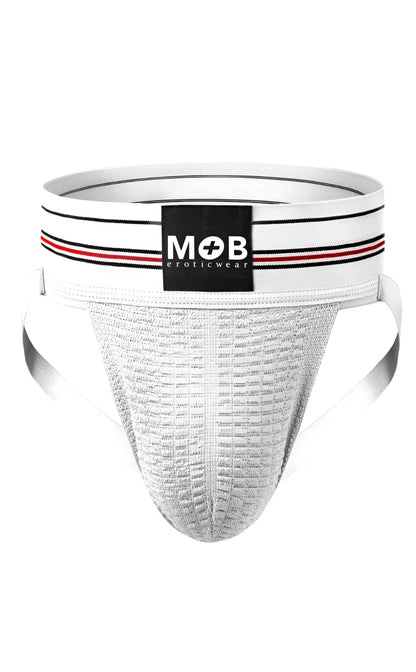 Men 3 inch wide classic white jockstrap with black and red striped waistband and mob eroticwear logo patch