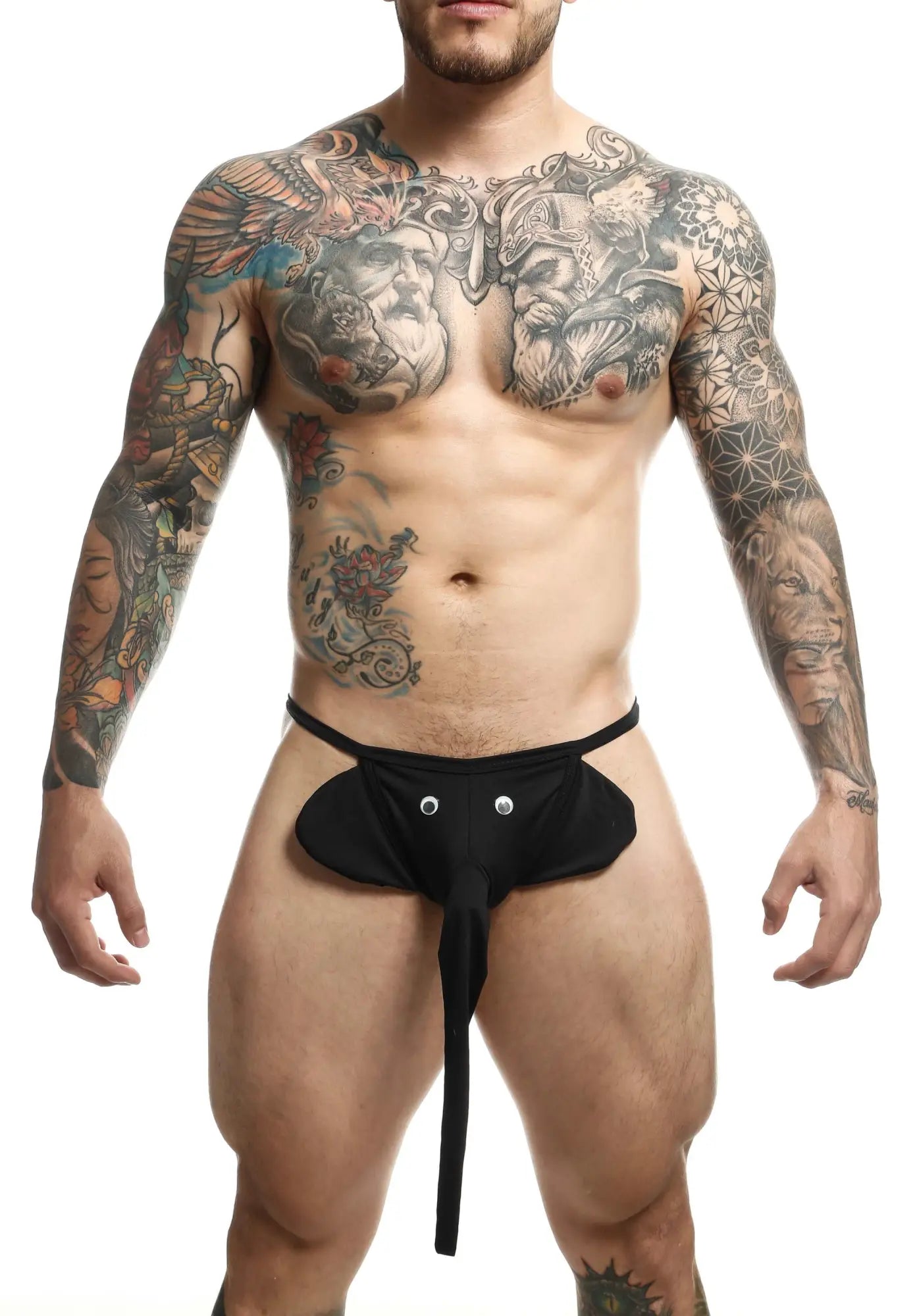 Black minimalist mob elephant thong briefs with silver button accents and central tie strap shown from the back