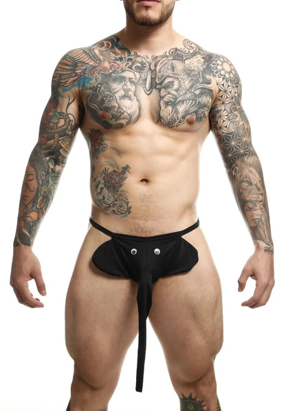 Black minimalist mob elephant thong briefs with silver button accents and central tie strap shown from the back