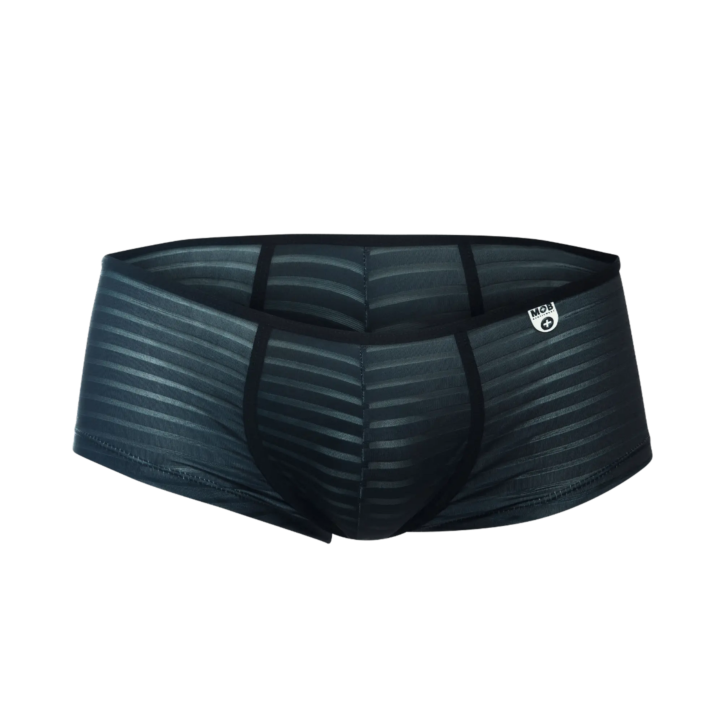 Black men’s MOB boyshort briefs with subtle striped pattern and reinforced side seams for comfortable support