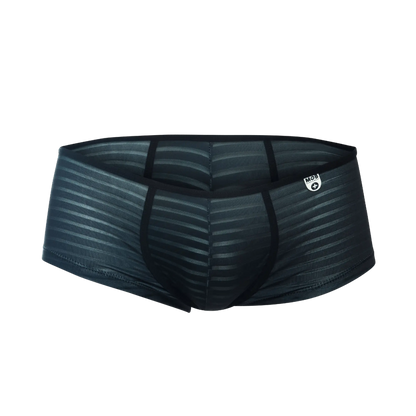 Black men’s MOB boyshort briefs with subtle striped pattern and reinforced side seams for comfortable support