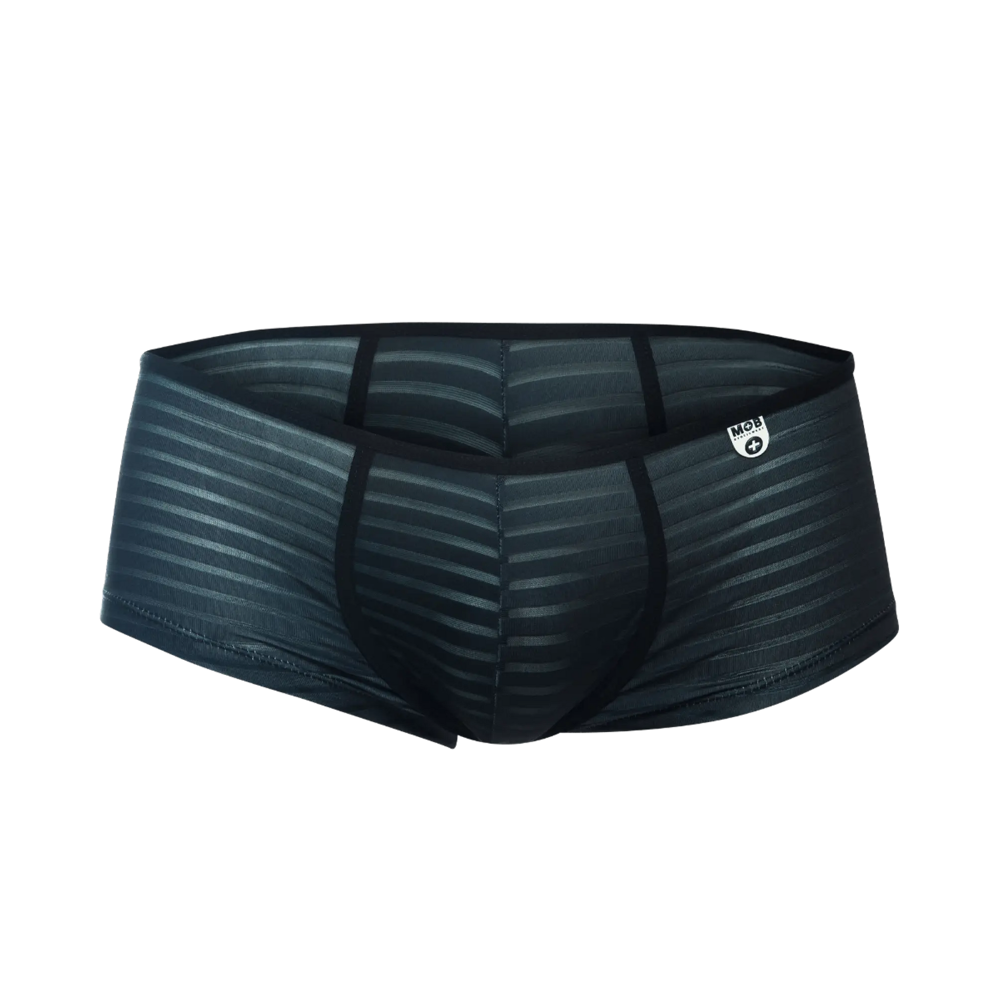MOB Boyshort black men’s briefs with subtle striped pattern and reinforced side seams shown from the back side