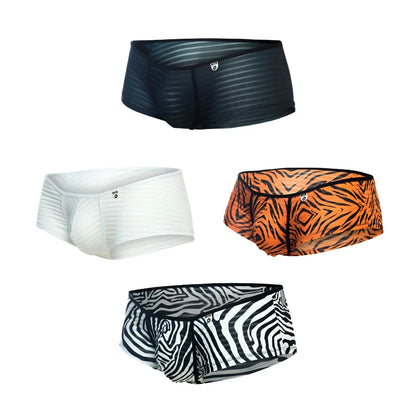 Mob boyshort black striped men’s briefs with subtle sheen and small logo on the waistband front view