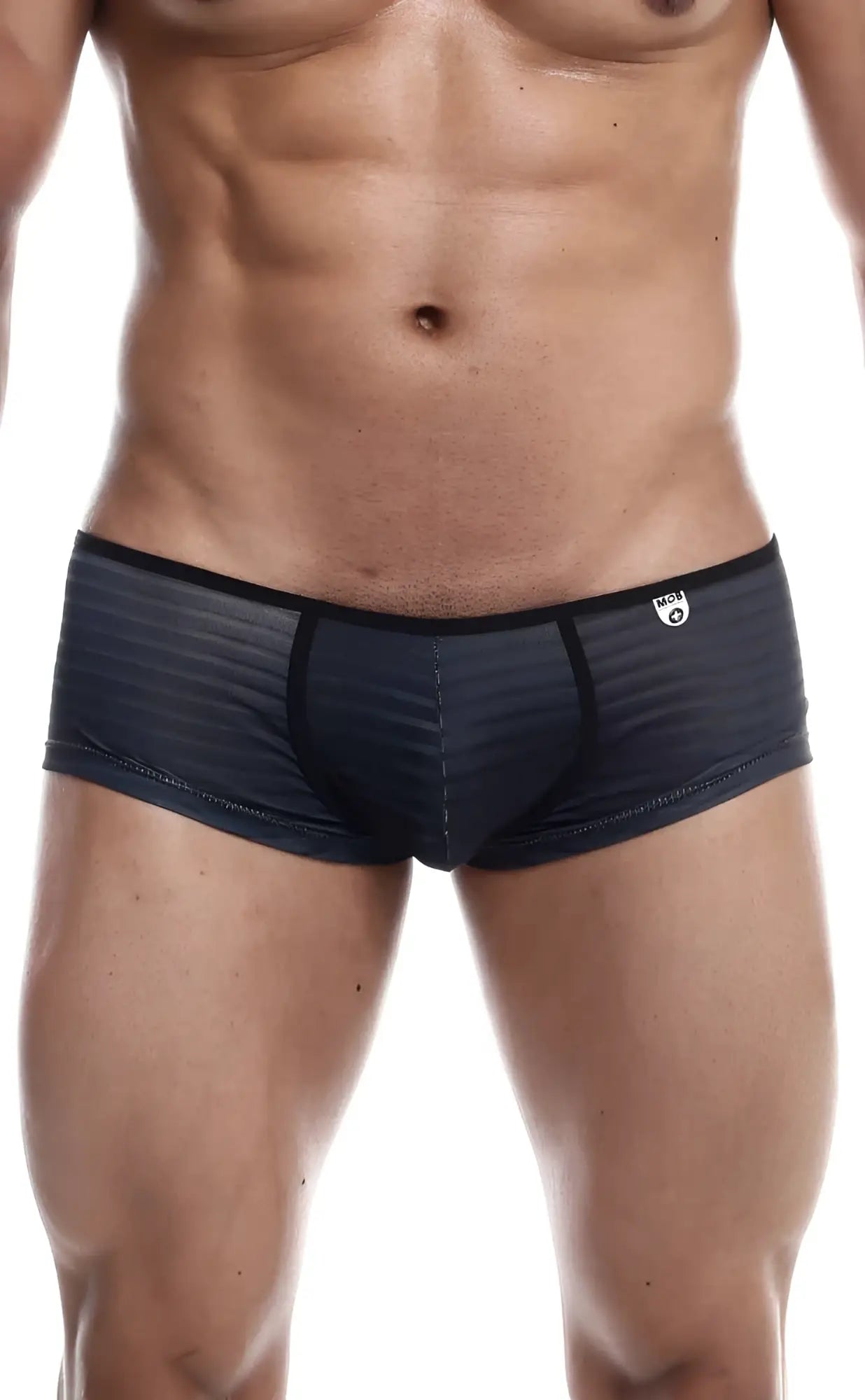 Black textured mob boyshort briefs with subtle striped pattern and black trim shown from the back side