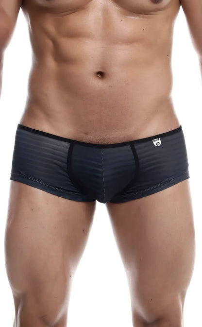 Black textured mob boyshort briefs with subtle striped pattern and black trim shown from the back side