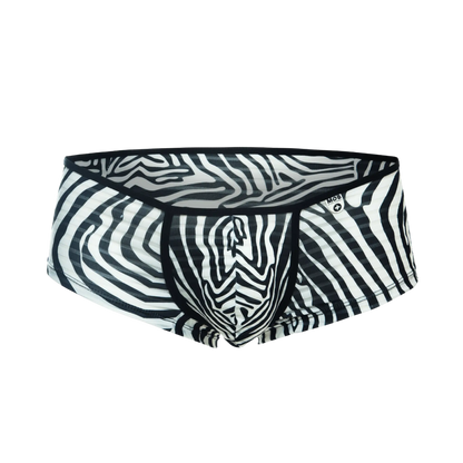 Mob boyshort black and white zebra striped men’s briefs with bold graphic pattern front view