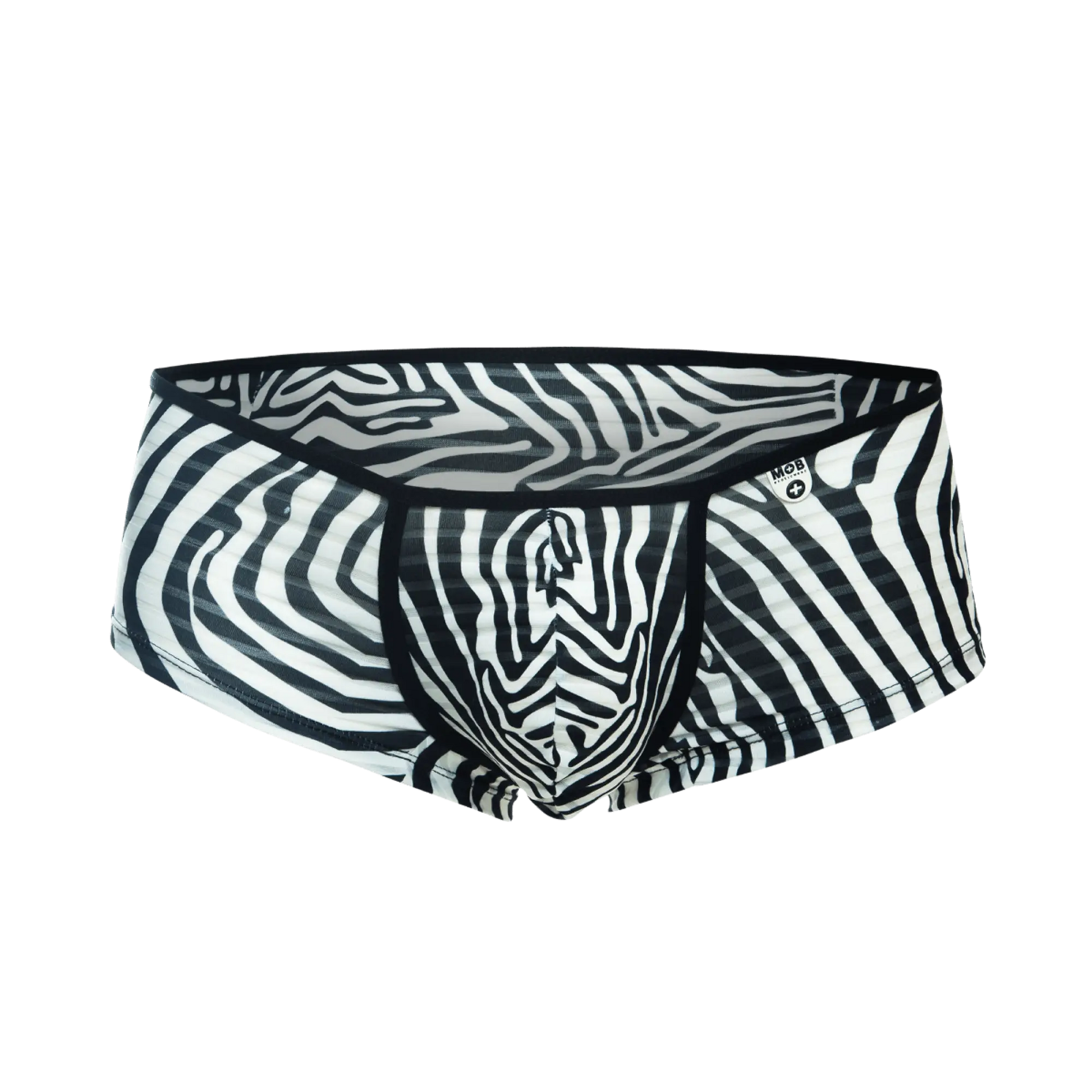 Black and white zebra-striped men’s briefs mob boyshort with bold graphic pattern made from soft fabric