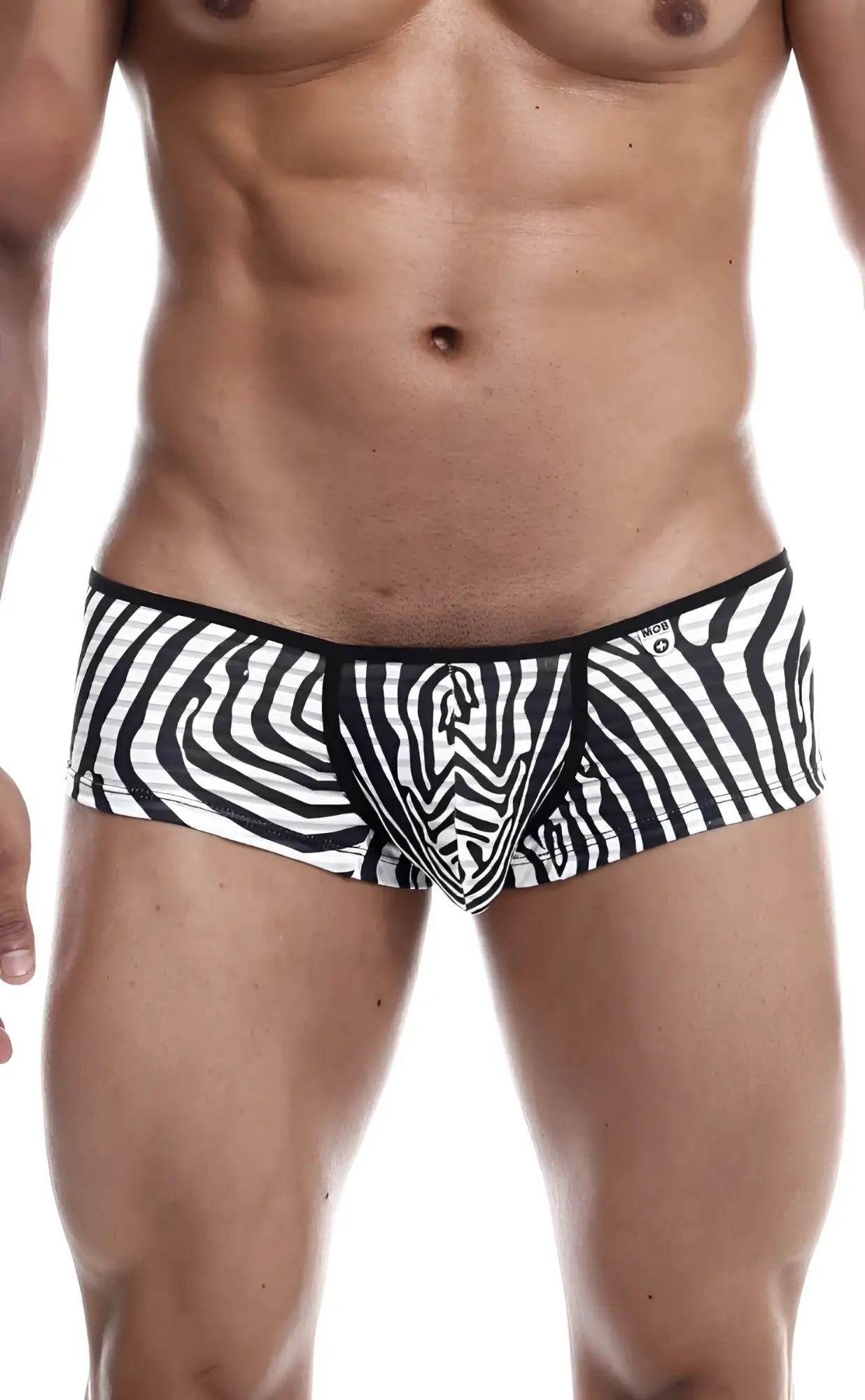 MOB boyshort black and white zebra-striped men’s briefs with a snug form-fitting design for comfortable wear