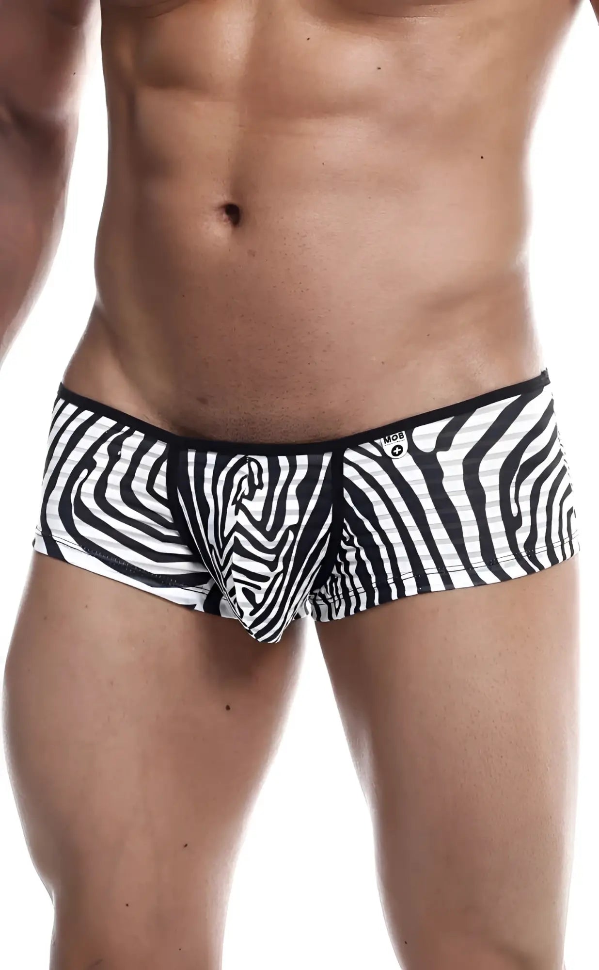 Black and white zebra-striped men’s briefs mob boyshort with a snug fit designed for comfortable everyday wear