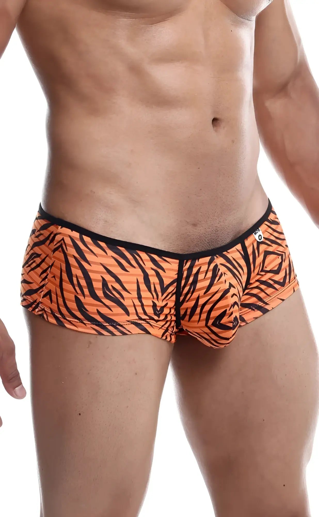 Orange and black tiger-striped mob boyshort men’s briefs with a snug fit and stretch fabric for comfort