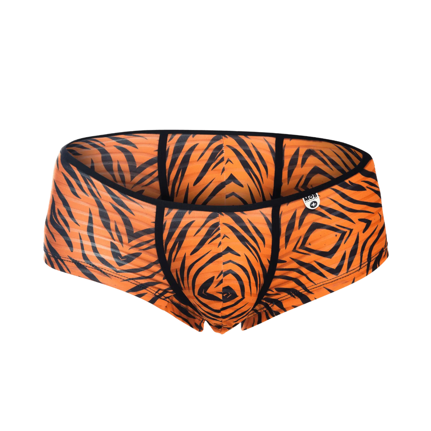 Mob boyshort orange tiger-print briefs with black stripes and a snug form-fitting design for comfortable wear