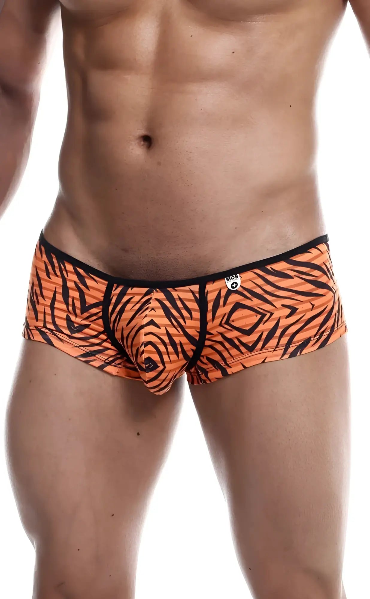 MOB boyshort briefs in orange tiger print with black stripes and a black waistband for comfortable everyday wear