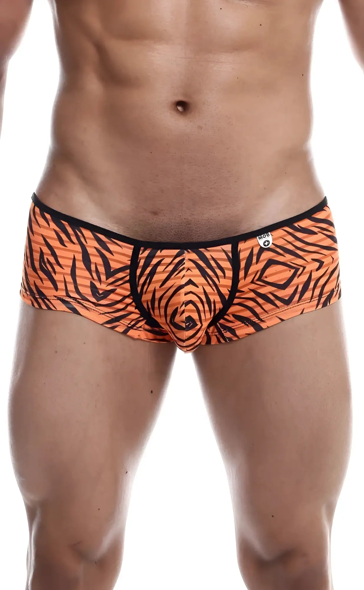 MOB Boyshort orange tiger print briefs with black trim and central seam for comfortable everyday wear