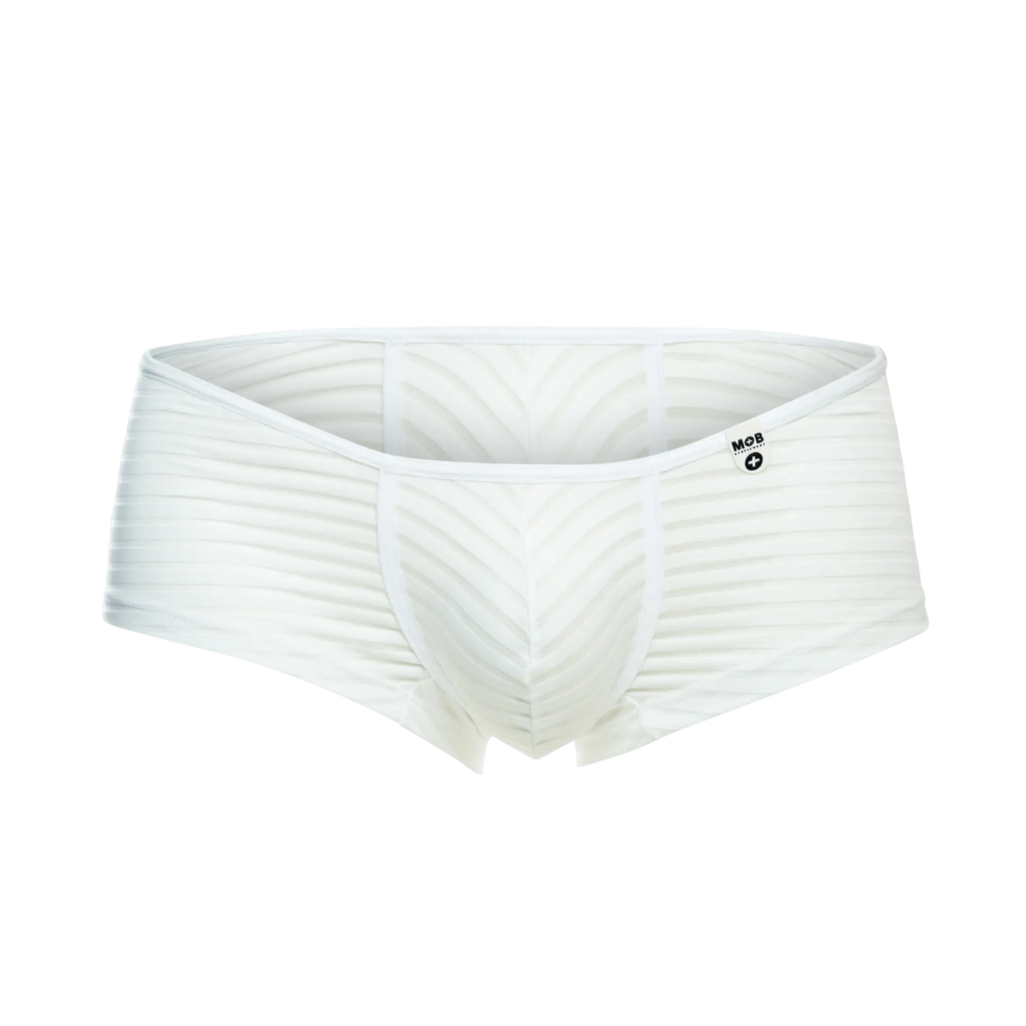 White men’s mob boyshort briefs with ribbed texture chevron pattern and mob logo on the waistband