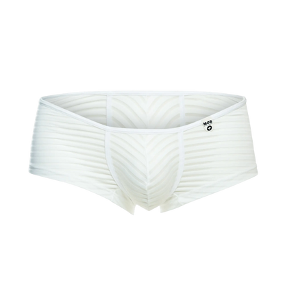 White men’s mob boyshort briefs with ribbed texture and subtle chevron pattern featuring mob logo waistband