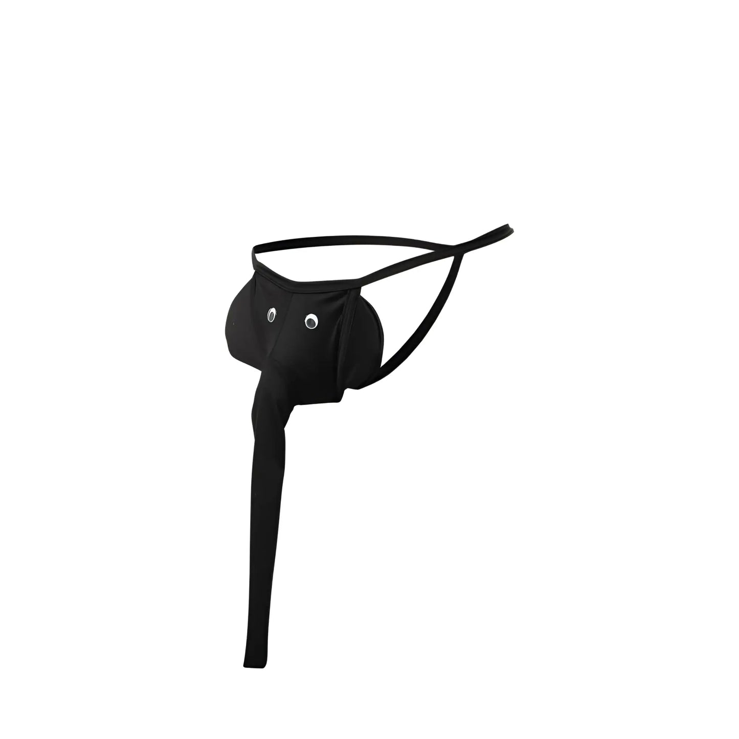Black elephant thong with a long narrow strap and two small white circular embellishments on the front