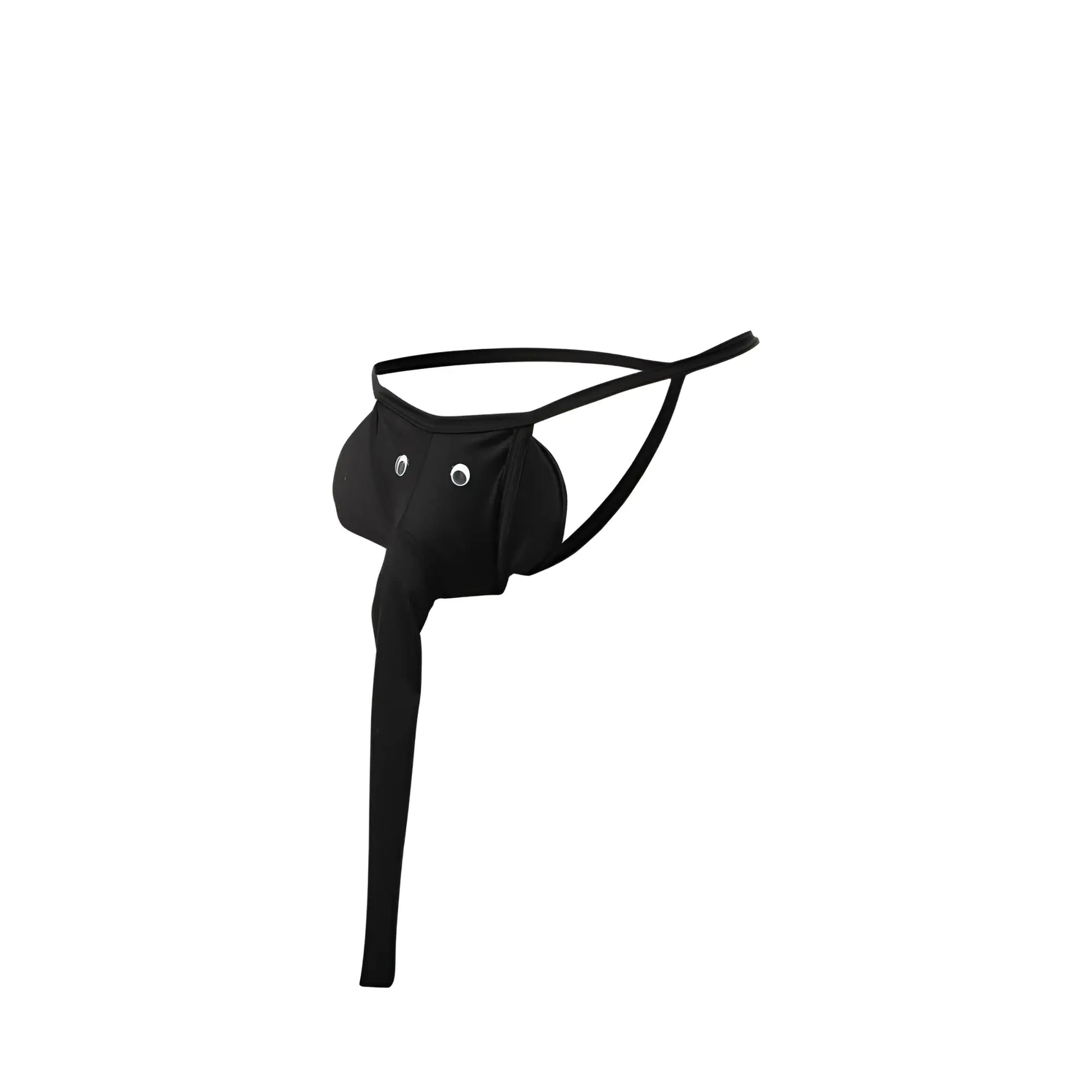 Black elephant thong with a long narrow strap and two small white circular embellishments on the front