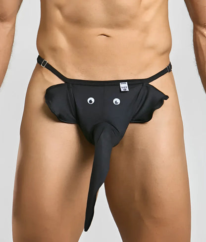 Black elephant thong with googly eyes, long trunk, and adjustable straps designed for playful intimate wear