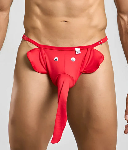 Red elephant thong with googly eyes and long trunk made of stretchy fabric for playful wear