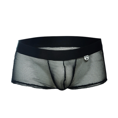 Black mesh men’s underwear mob fishnet boxer with solid black waistband and small white logo tag visible