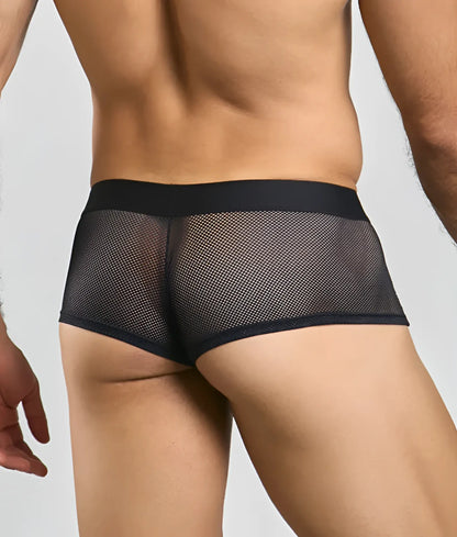 Black mesh briefs with a solid black waistband featuring a fishnet design in the front for breathable comfort